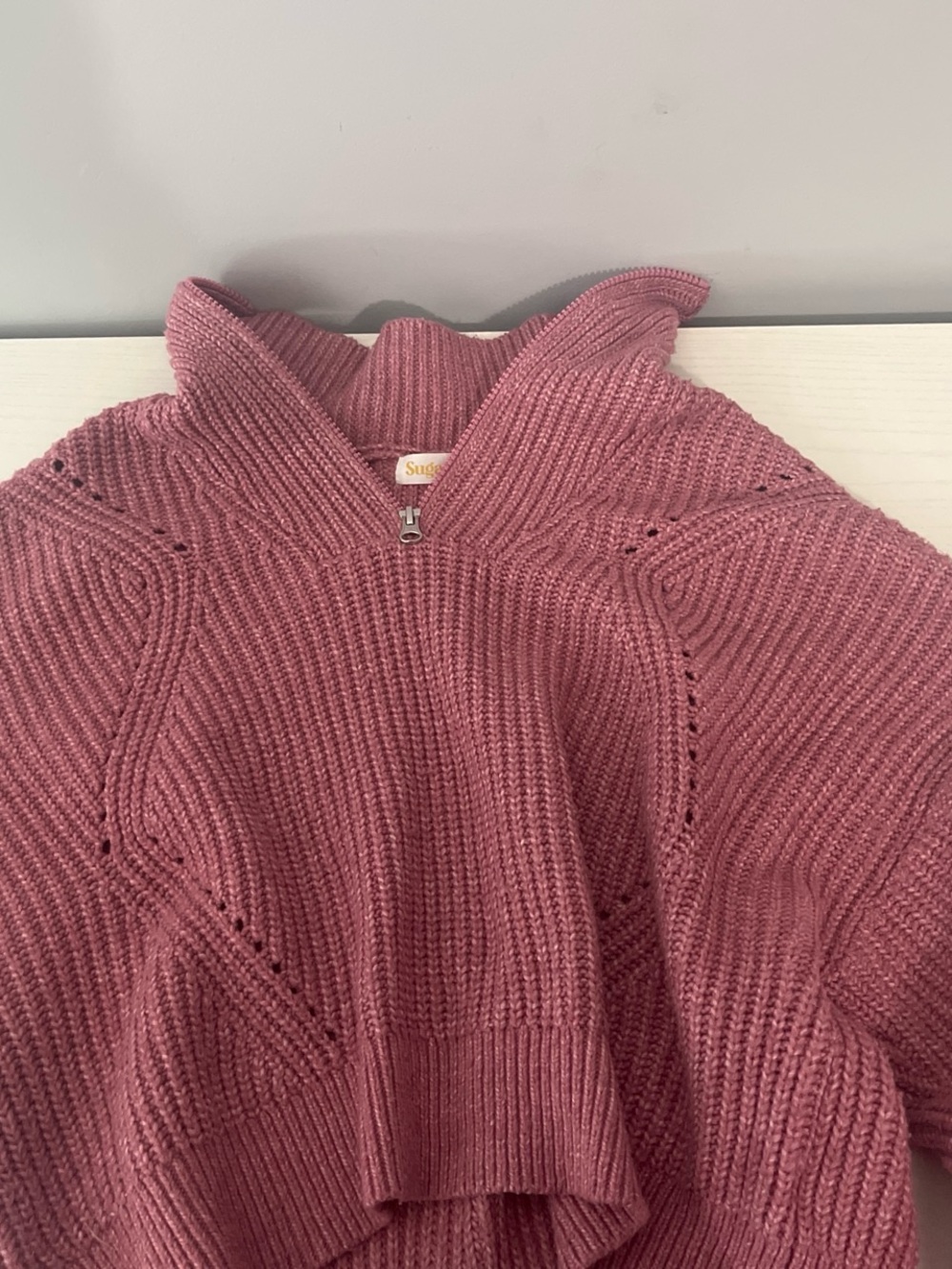 Pink Half-Zip Ribbed Knit Sweater